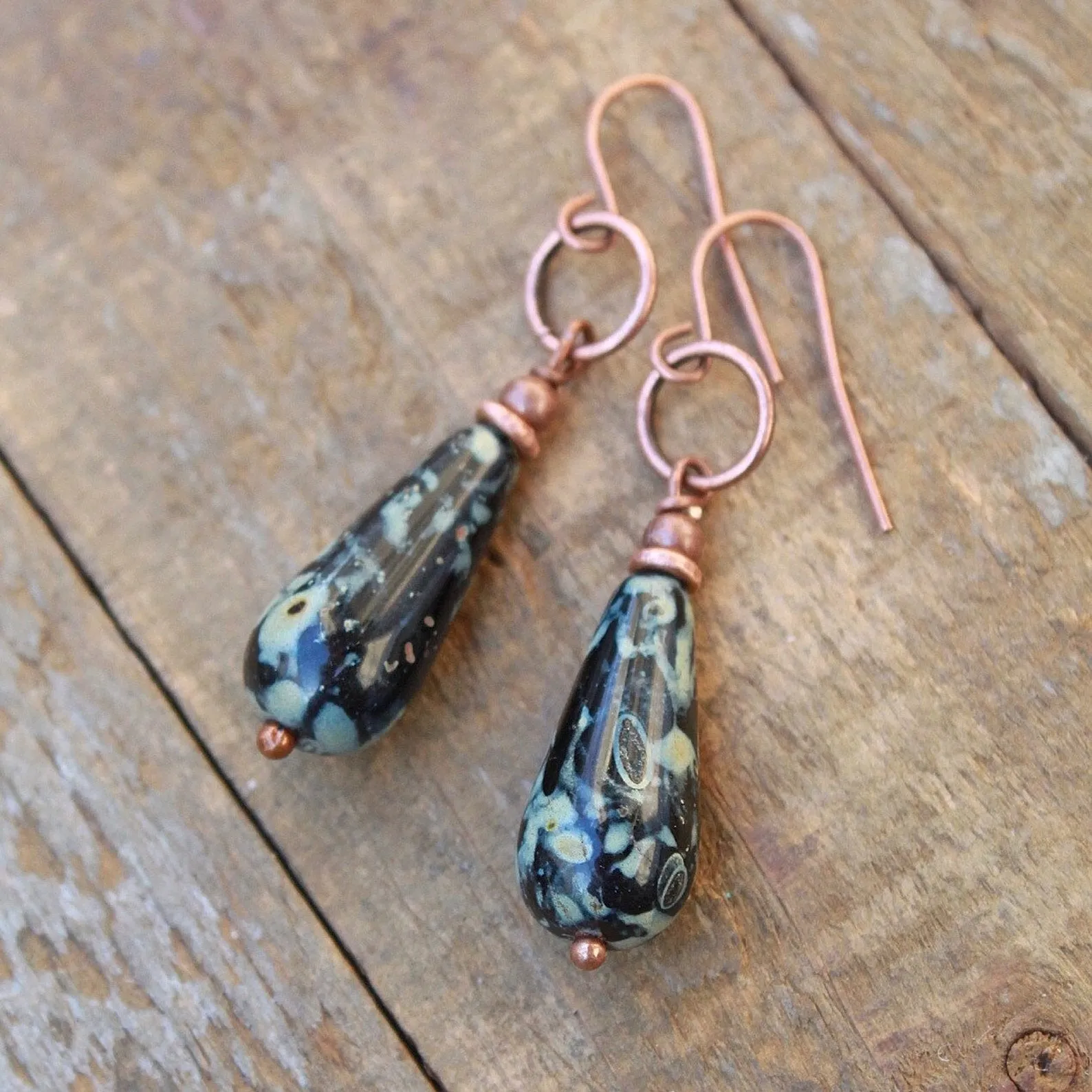 Black Teardrop Earrings, Earthy Black and Copper Earrings