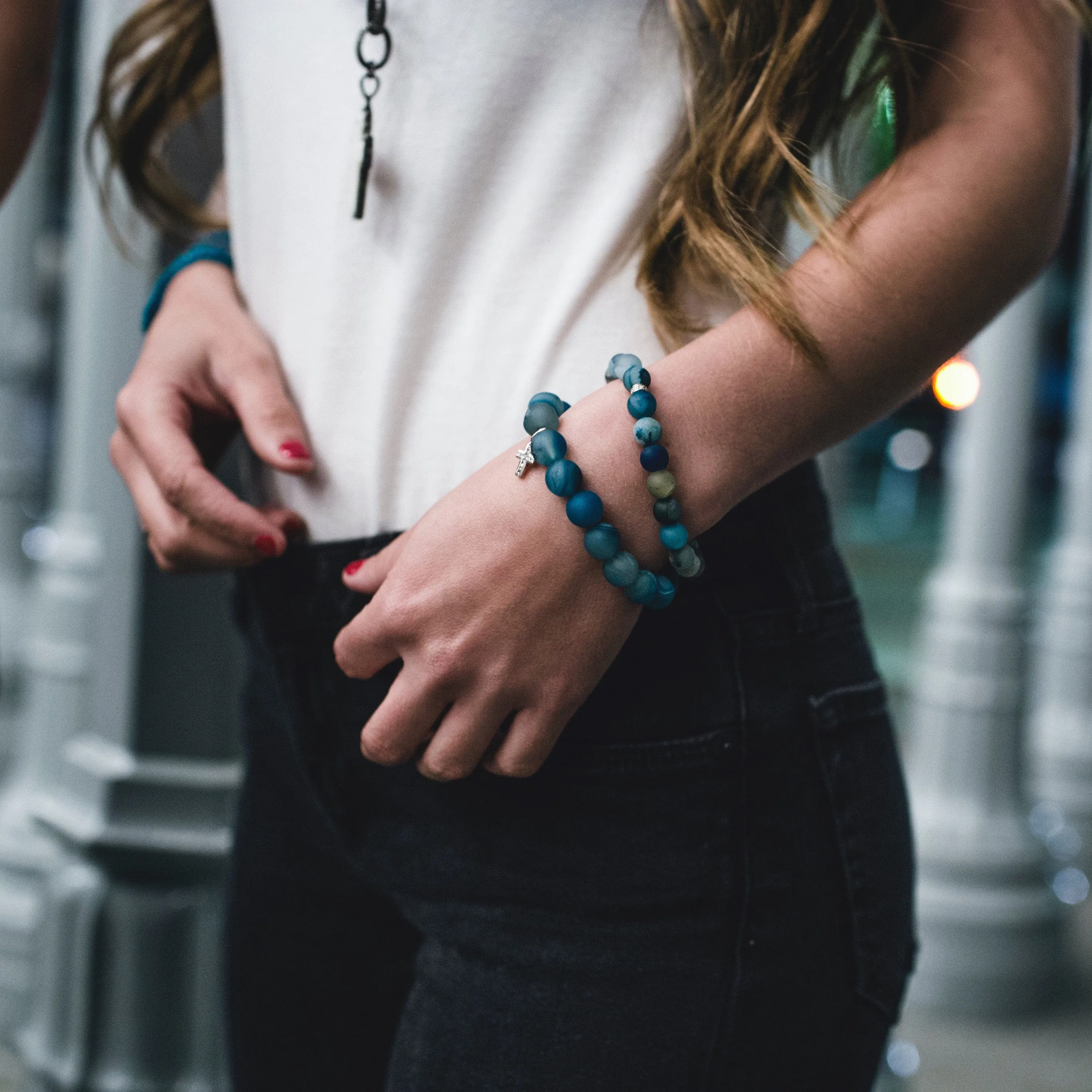 Blue Multicolor Beaded Bracelet with Diamonds and 14K Gold