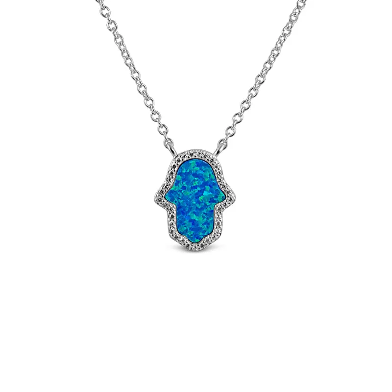 Blue Opal Halo Hamsa Necklace Rhodium Plated