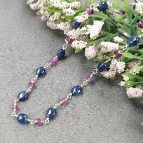 Blue SAPPHIRE & Burmese RUBY Gemstones Beads Chain NECKLACE : 925 Sterling Silver Natural Sapphire Oval Cabochon Cut 17" Statement Necklace