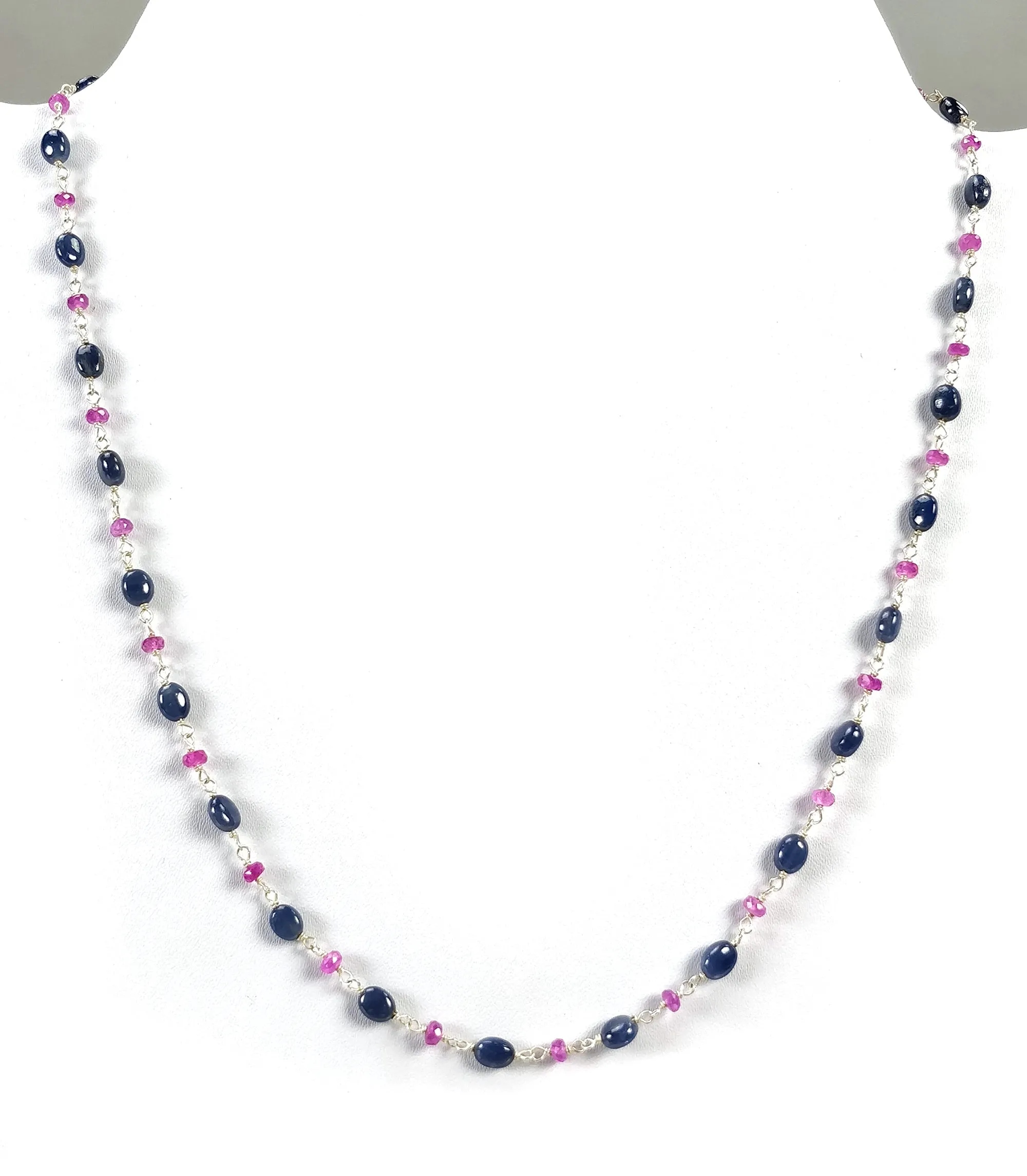 Blue SAPPHIRE & Burmese RUBY Gemstones Beads Chain NECKLACE : 925 Sterling Silver Natural Sapphire Oval Cabochon Cut 17" Statement Necklace