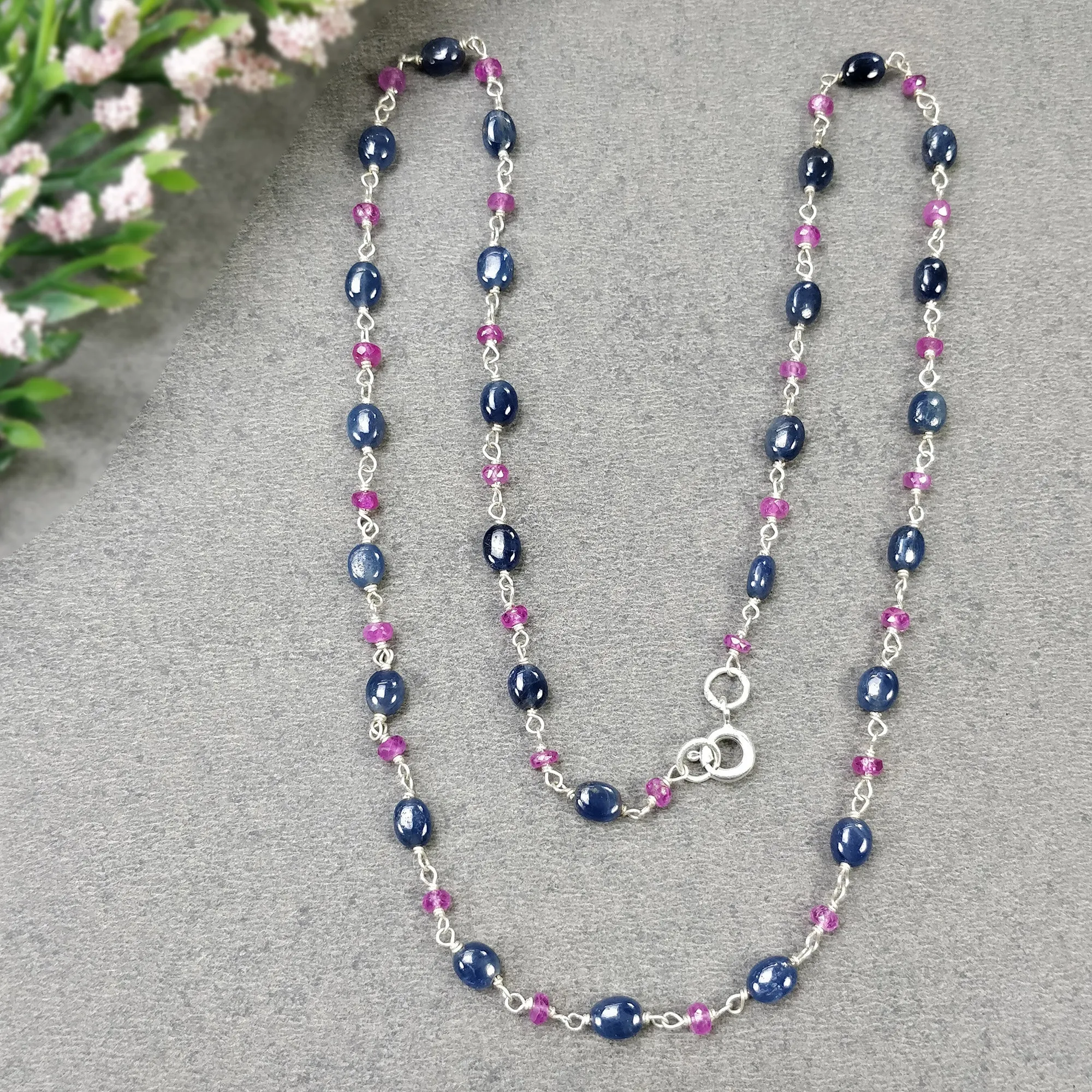 Blue SAPPHIRE & Burmese RUBY Gemstones Beads Chain NECKLACE : 925 Sterling Silver Natural Sapphire Oval Cabochon Cut 17" Statement Necklace