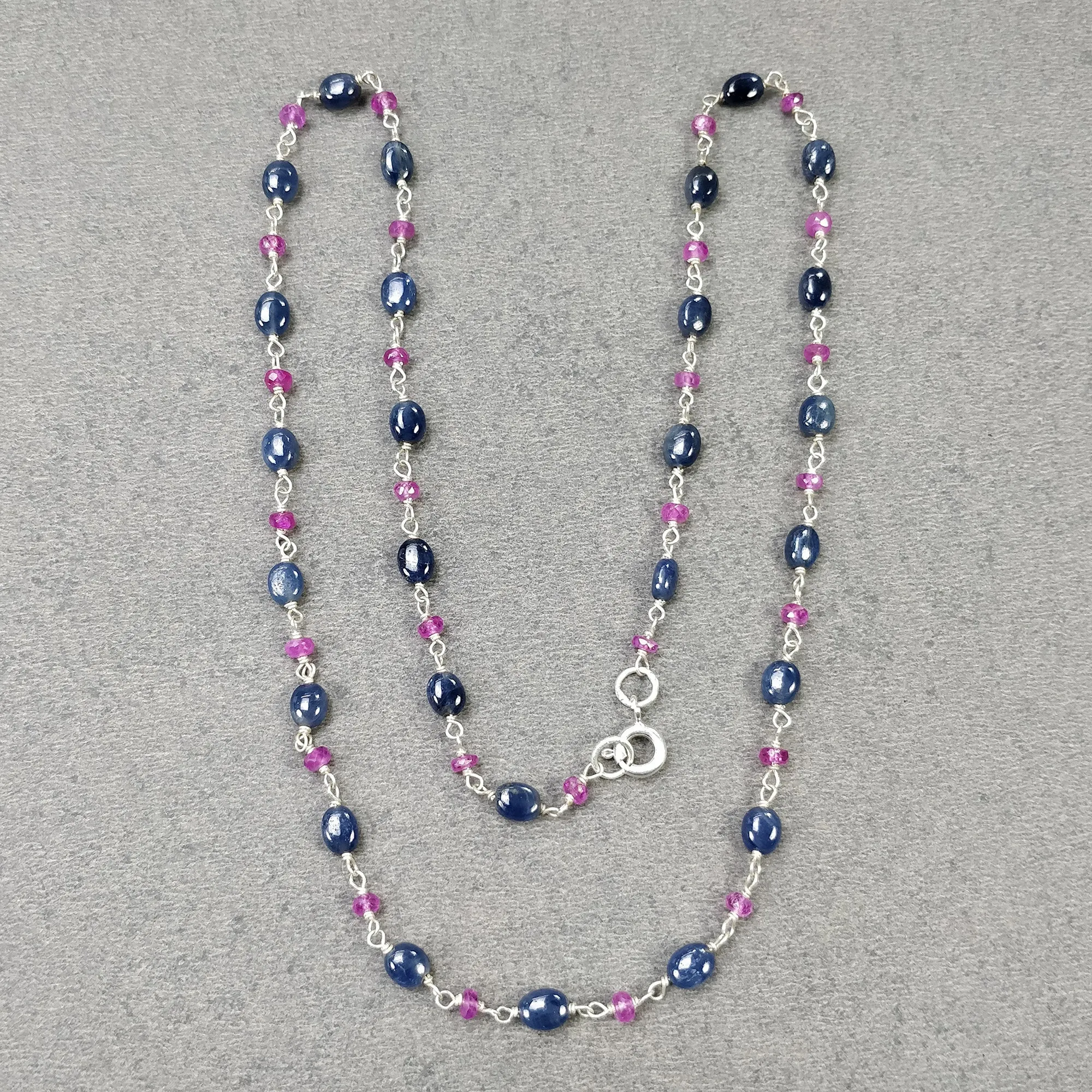 Blue SAPPHIRE & Burmese RUBY Gemstones Beads Chain NECKLACE : 925 Sterling Silver Natural Sapphire Oval Cabochon Cut 17" Statement Necklace