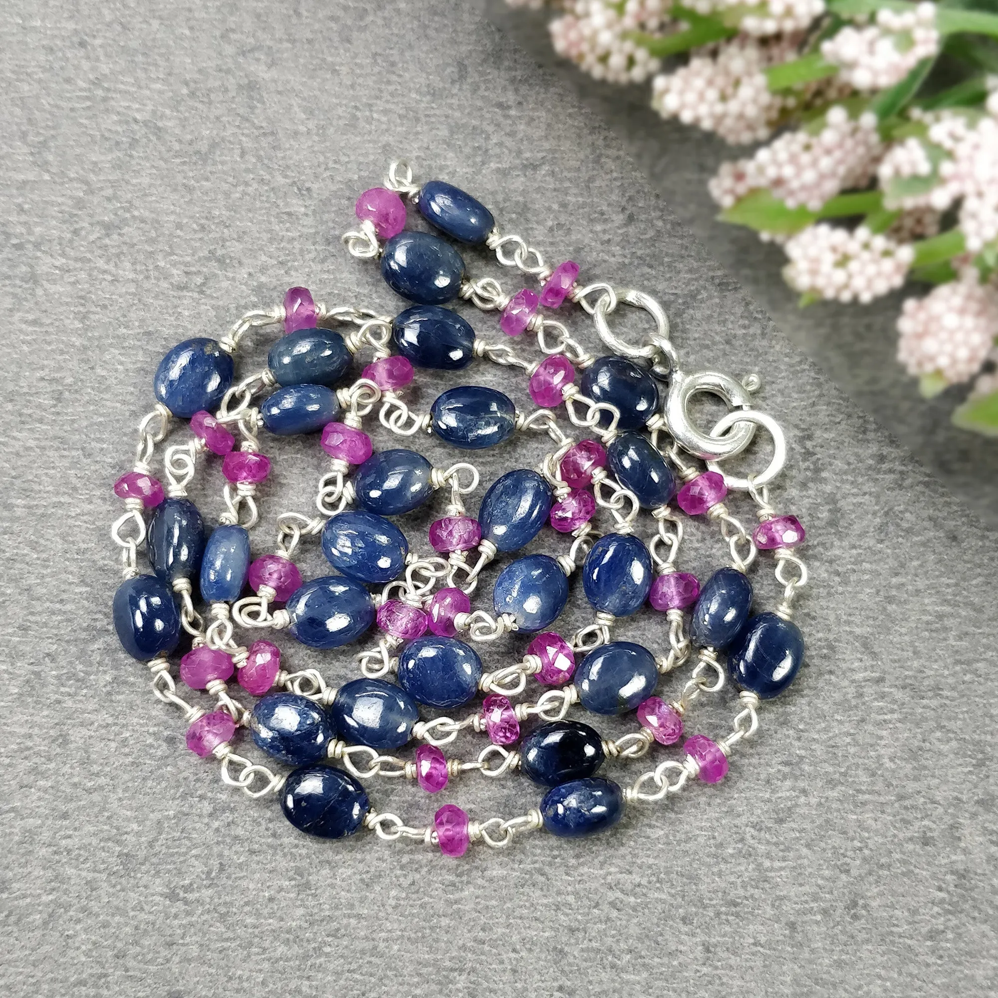 Blue SAPPHIRE & Burmese RUBY Gemstones Beads Chain NECKLACE : 925 Sterling Silver Natural Sapphire Oval Cabochon Cut 17" Statement Necklace