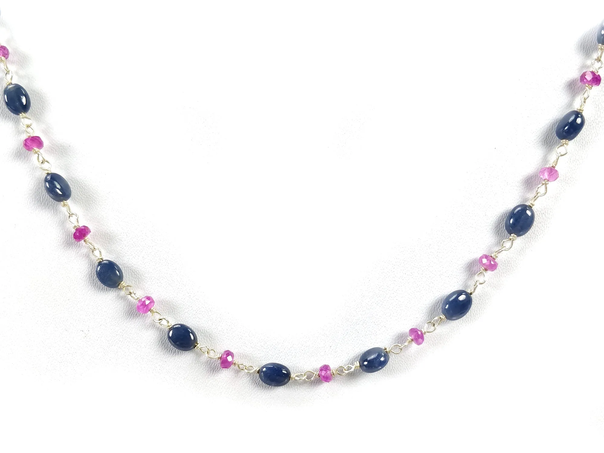 Blue SAPPHIRE & Burmese RUBY Gemstones Beads Chain NECKLACE : 925 Sterling Silver Natural Sapphire Oval Cabochon Cut 17" Statement Necklace