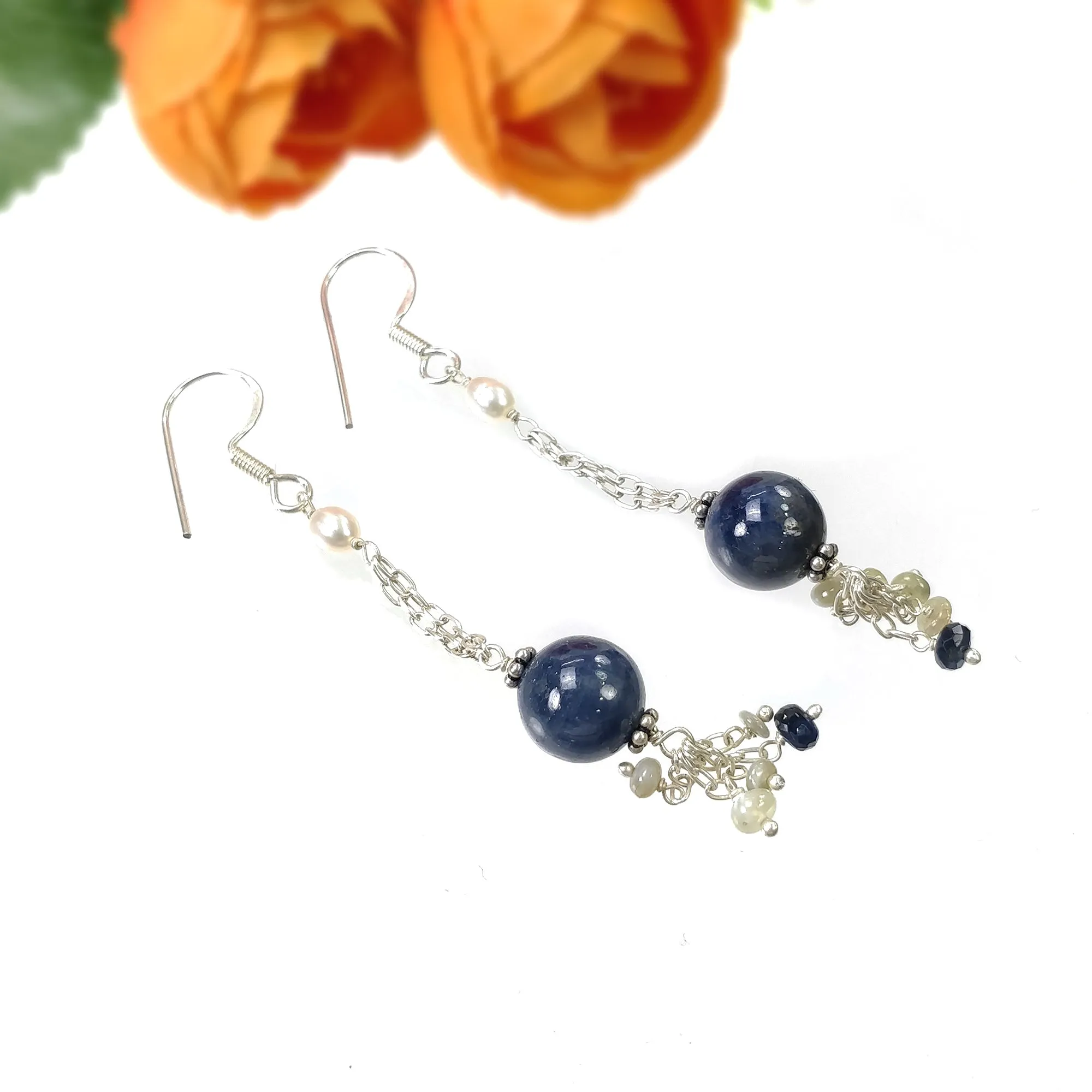 BLUE SAPPHIRE Gemstone 925 Sterling Silver Beaded Earrings : 6.78gms Natural Pearl Untreated Drop Dangle Hook Earrings 2.85"