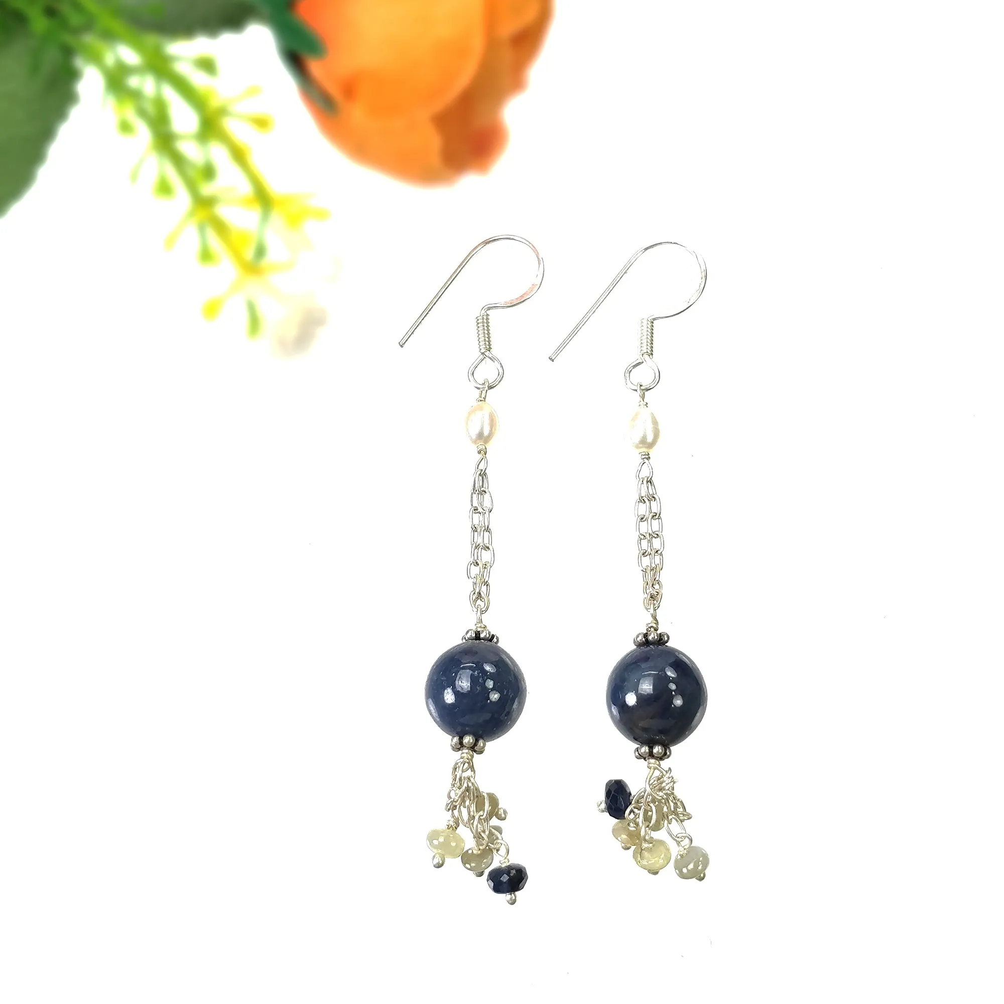 BLUE SAPPHIRE Gemstone 925 Sterling Silver Beaded Earrings : 6.78gms Natural Pearl Untreated Drop Dangle Hook Earrings 2.85"