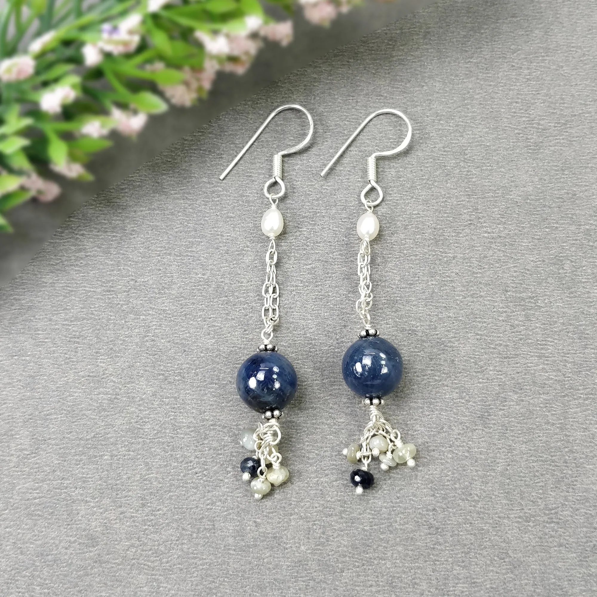 BLUE SAPPHIRE Gemstone 925 Sterling Silver Beaded Earrings : 6.78gms Natural Pearl Untreated Drop Dangle Hook Earrings 2.85"