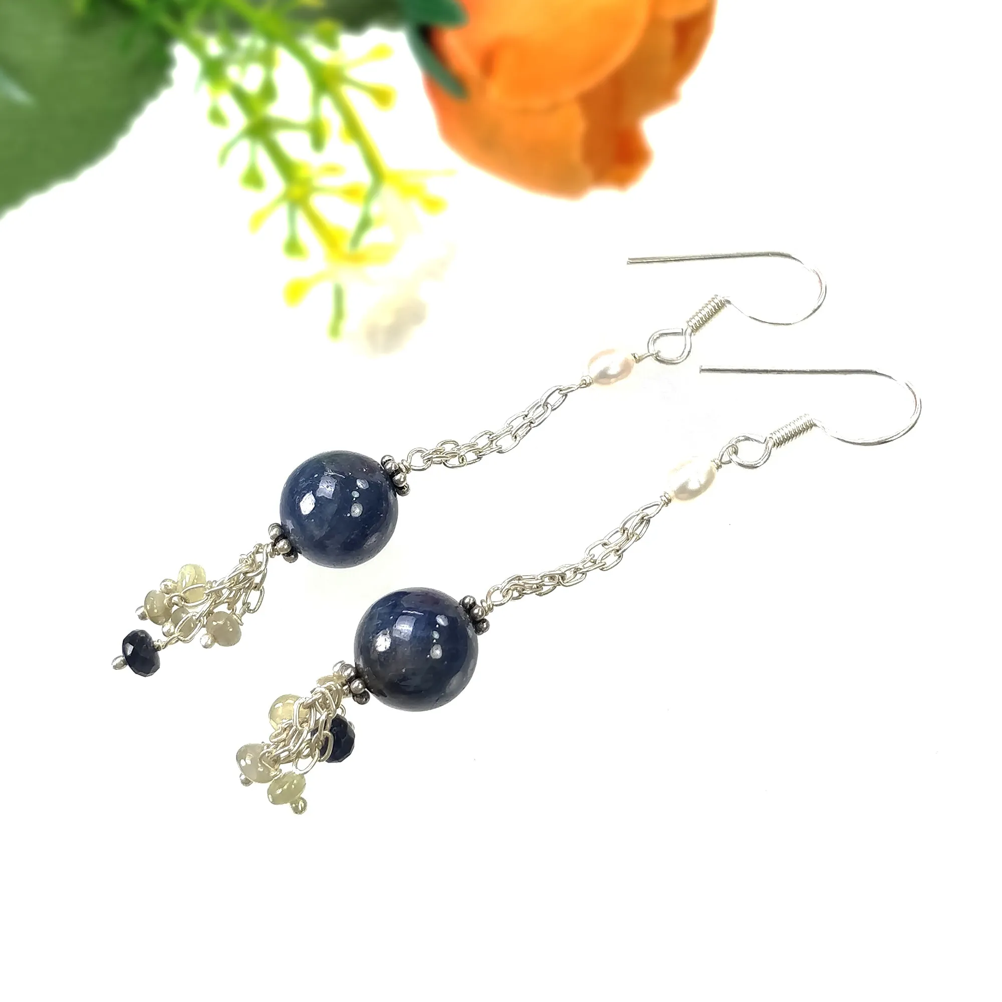 BLUE SAPPHIRE Gemstone 925 Sterling Silver Beaded Earrings : 6.78gms Natural Pearl Untreated Drop Dangle Hook Earrings 2.85"