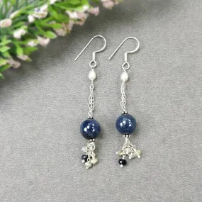 BLUE SAPPHIRE Gemstone 925 Sterling Silver Beaded Earrings : 6.78gms Natural Pearl Untreated Drop Dangle Hook Earrings 2.85"