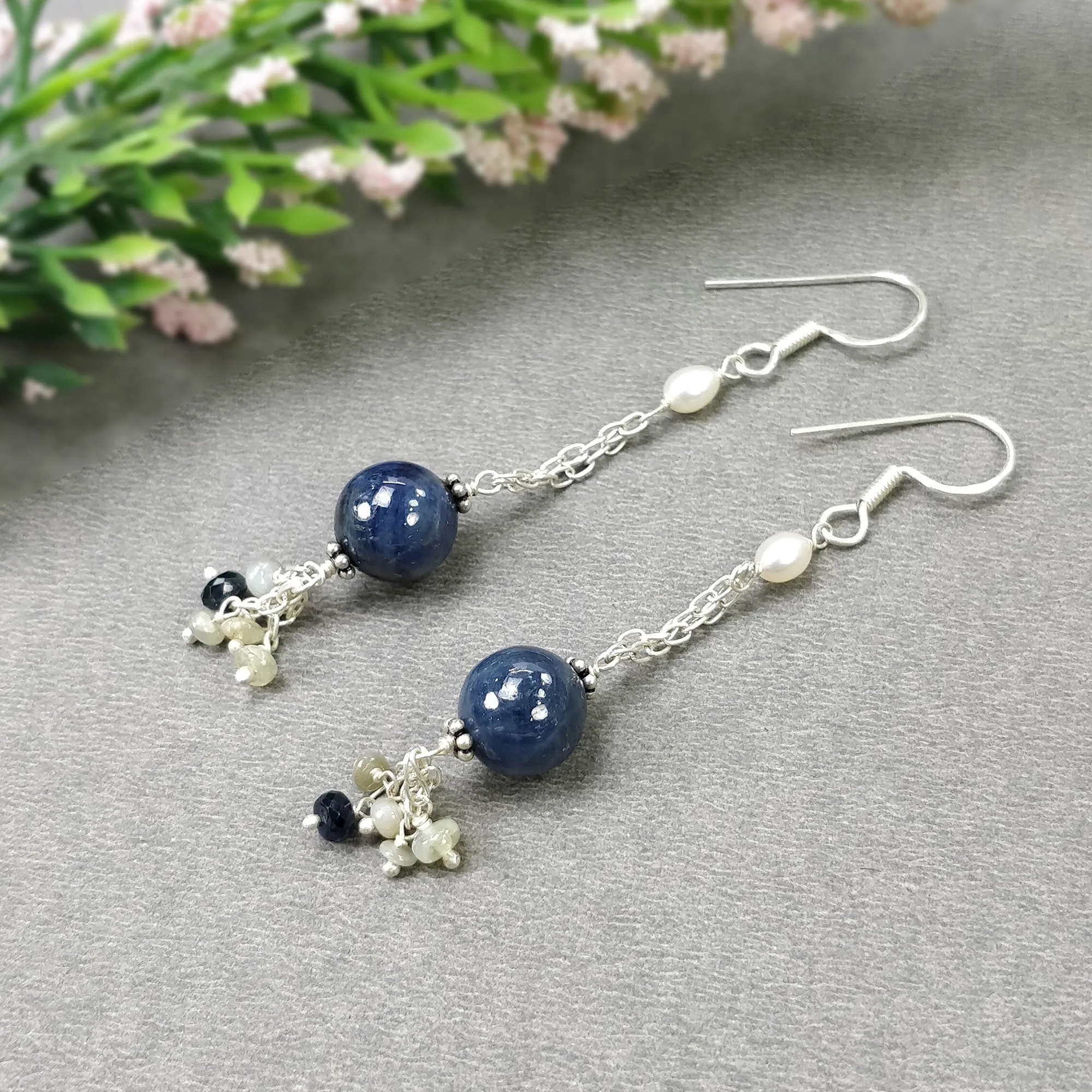 BLUE SAPPHIRE Gemstone 925 Sterling Silver Beaded Earrings : 6.78gms Natural Pearl Untreated Drop Dangle Hook Earrings 2.85"