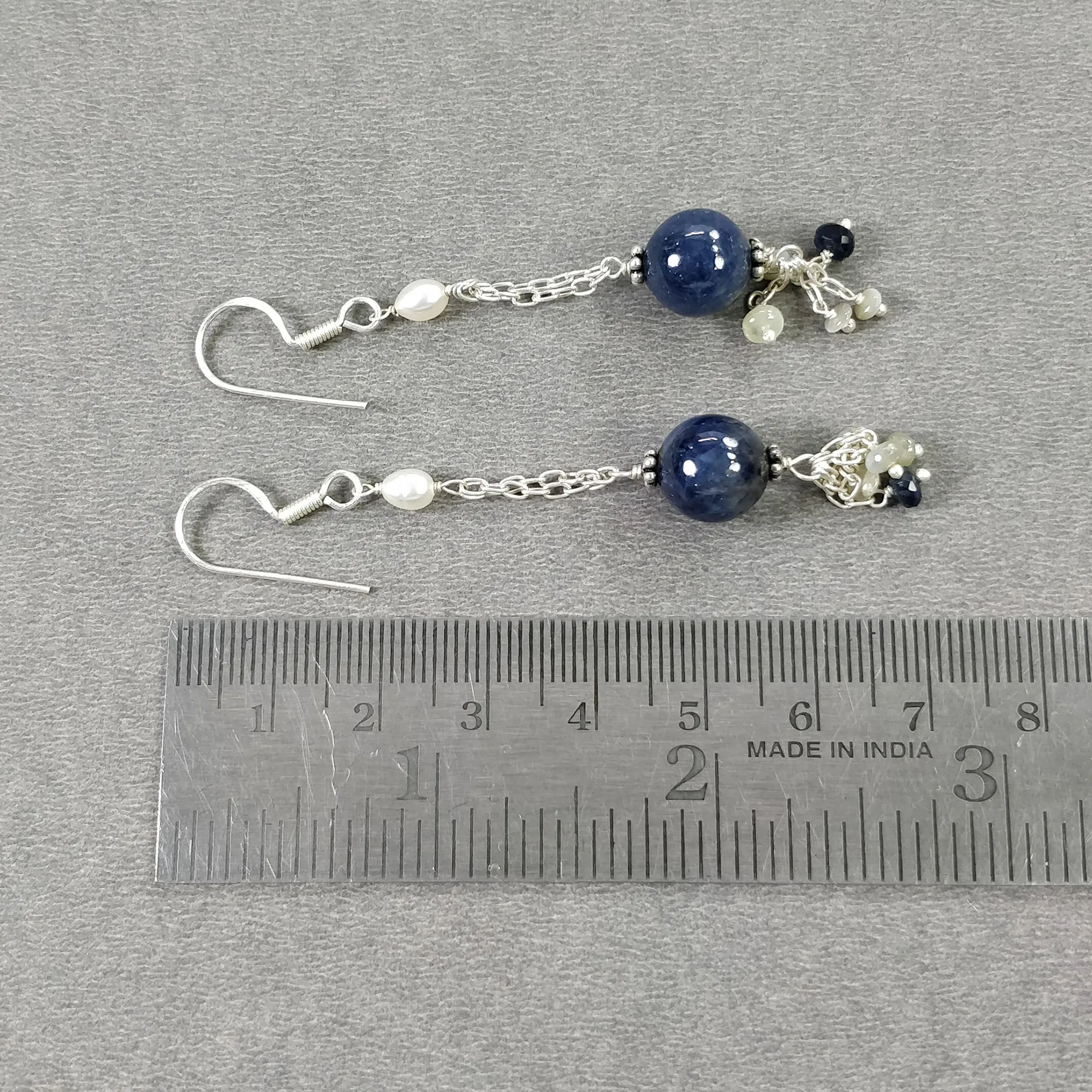 BLUE SAPPHIRE Gemstone 925 Sterling Silver Beaded Earrings : 6.78gms Natural Pearl Untreated Drop Dangle Hook Earrings 2.85"