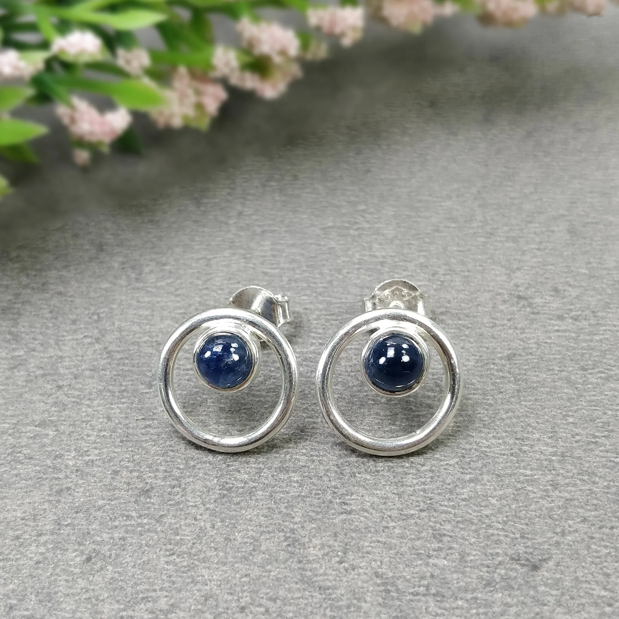 BLUE SAPPHIRE Gemstone 925 Sterling Silver Earring : 2.50gms Natural Sapphire Round Bezel Set Push Back Stud Earrings 0.54"