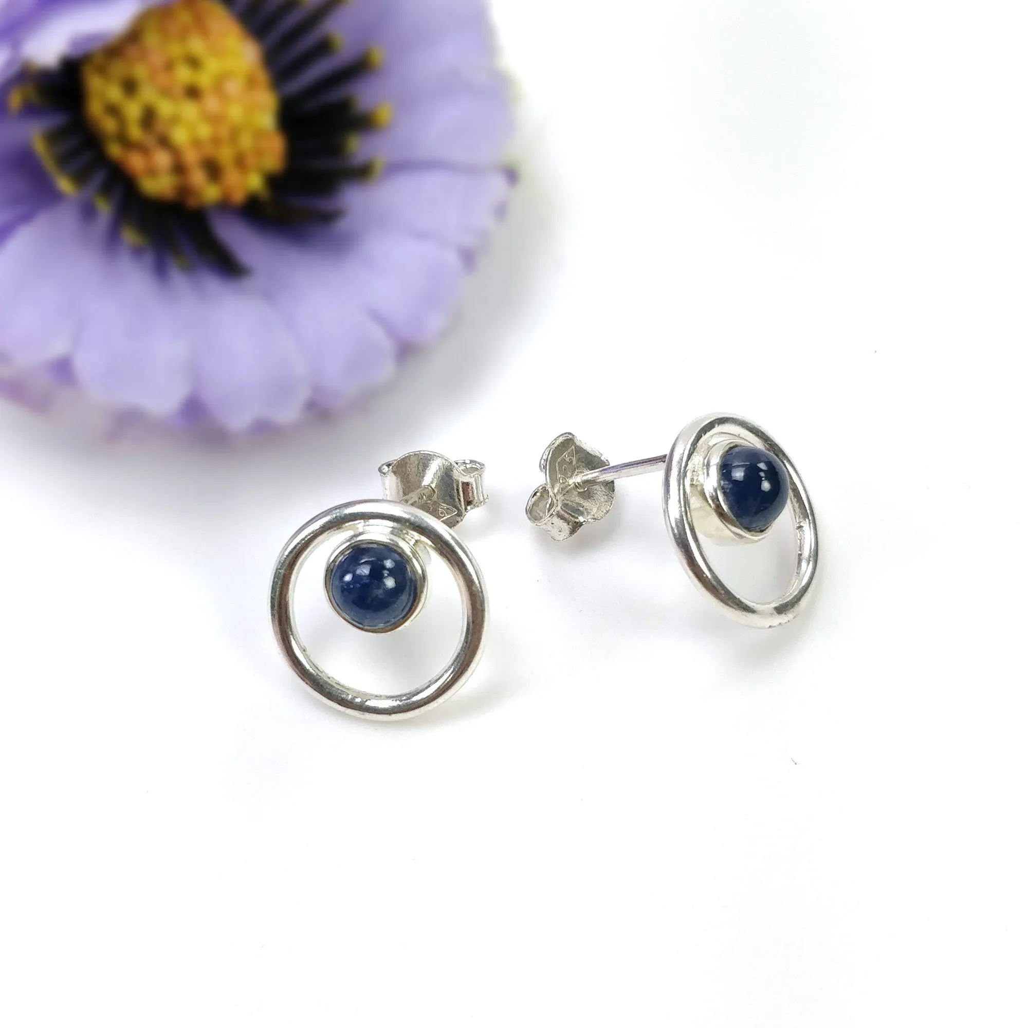 BLUE SAPPHIRE Gemstone 925 Sterling Silver Earring : 2.50gms Natural Sapphire Round Bezel Set Push Back Stud Earrings 0.54"