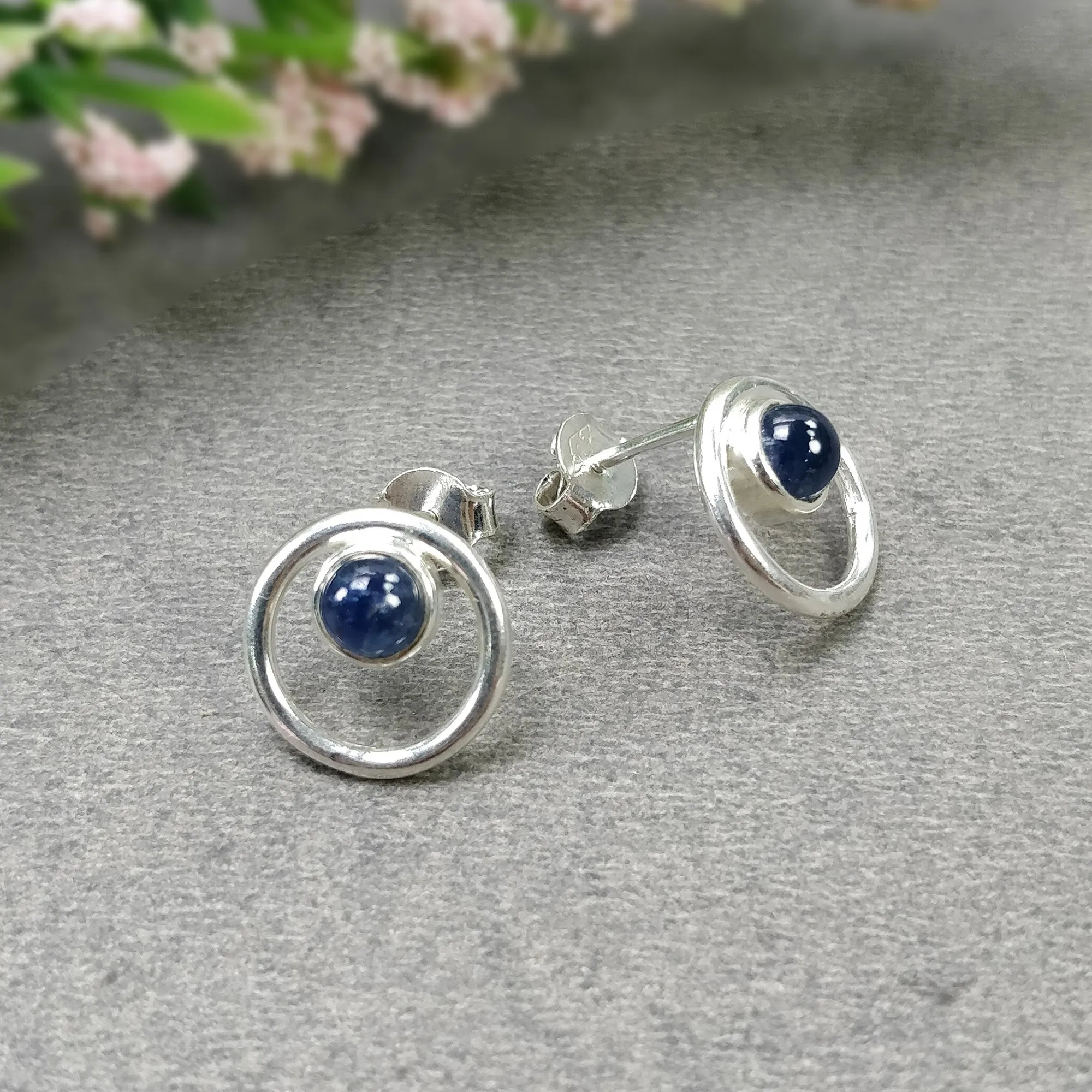 BLUE SAPPHIRE Gemstone 925 Sterling Silver Earring : 2.50gms Natural Sapphire Round Bezel Set Push Back Stud Earrings 0.54"