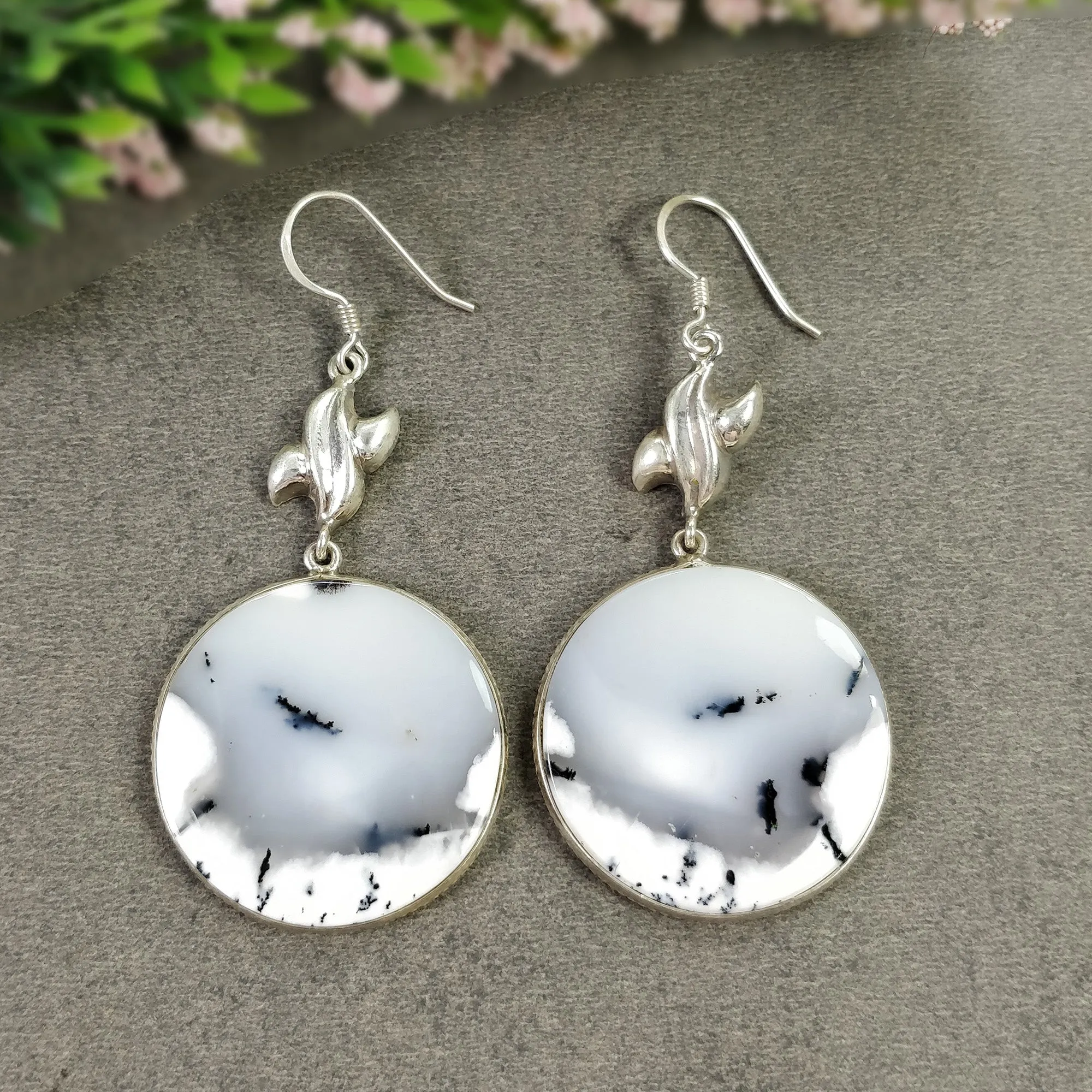 BOTSWANA AGATE Gemstone Earrings : 17.150gms Natural 925 Sterling Silver Bi-Color Round Bezel Set Drop Dangle Hook Earring 2.5"