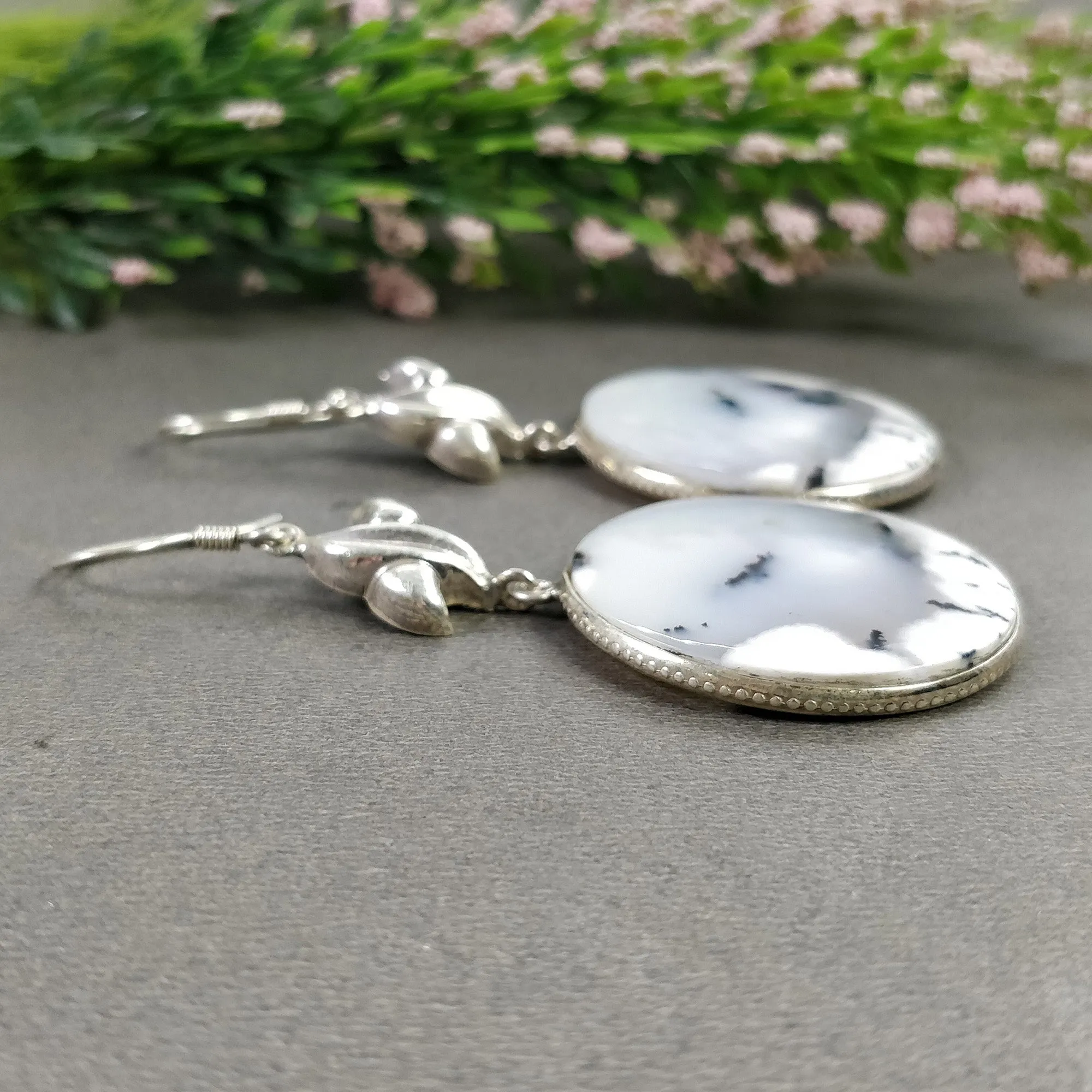 BOTSWANA AGATE Gemstone Earrings : 17.150gms Natural 925 Sterling Silver Bi-Color Round Bezel Set Drop Dangle Hook Earring 2.5"