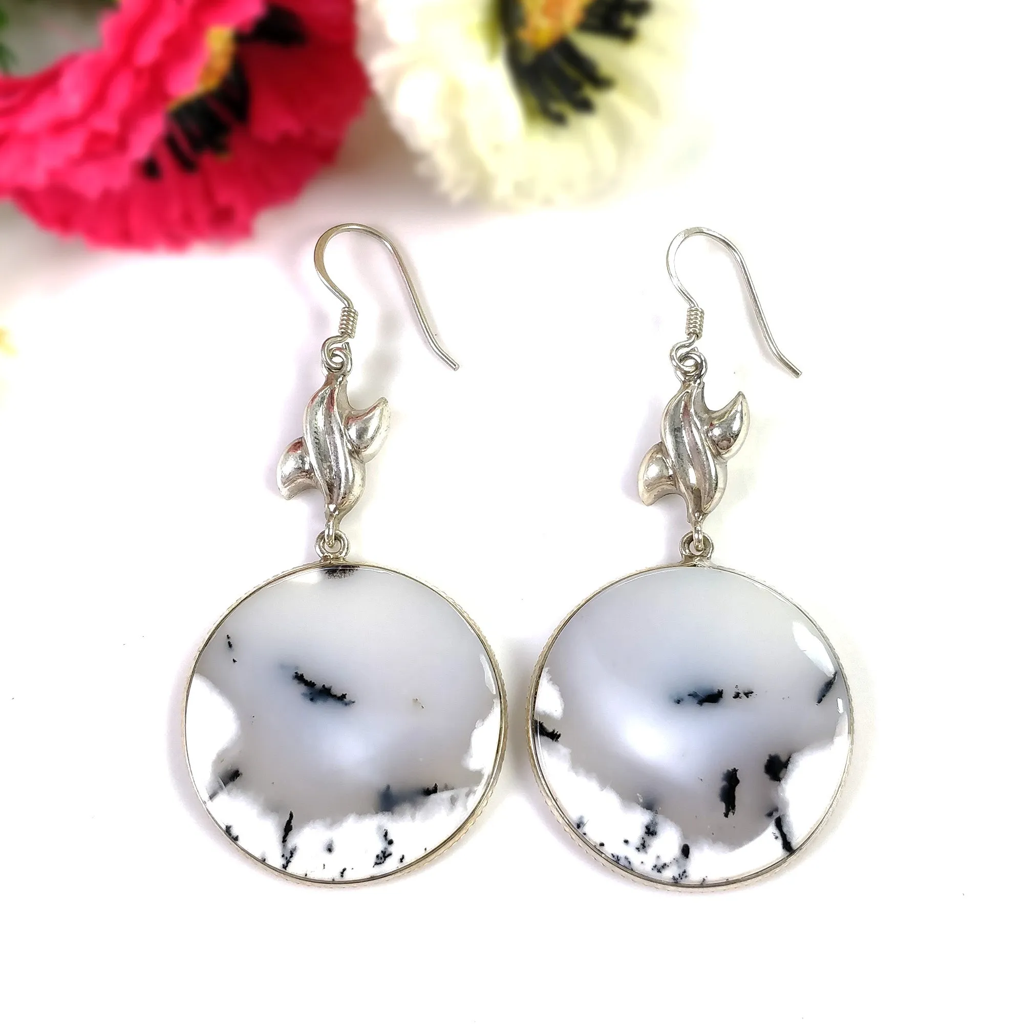 BOTSWANA AGATE Gemstone Earrings : 17.150gms Natural 925 Sterling Silver Bi-Color Round Bezel Set Drop Dangle Hook Earring 2.5"