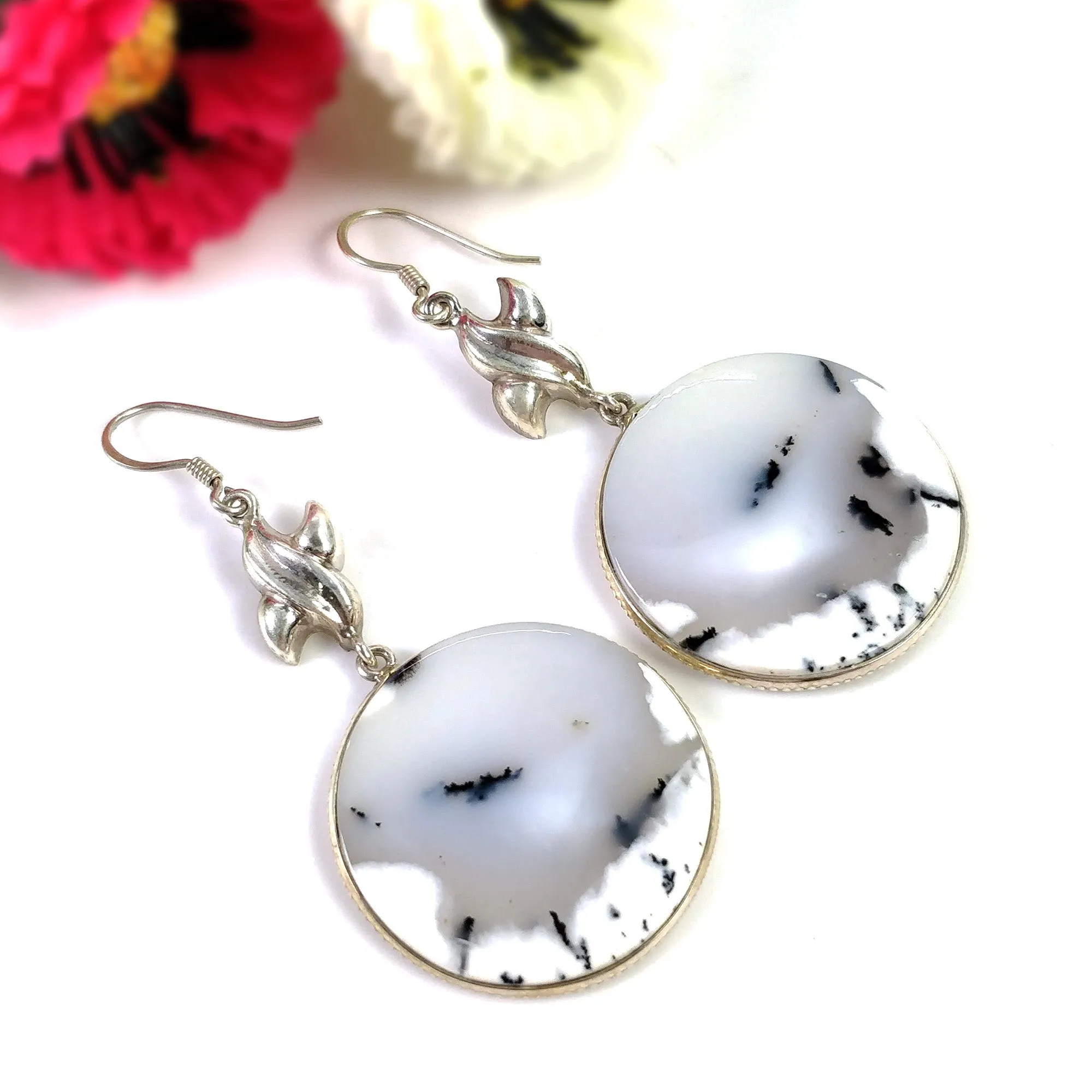 BOTSWANA AGATE Gemstone Earrings : 17.150gms Natural 925 Sterling Silver Bi-Color Round Bezel Set Drop Dangle Hook Earring 2.5"