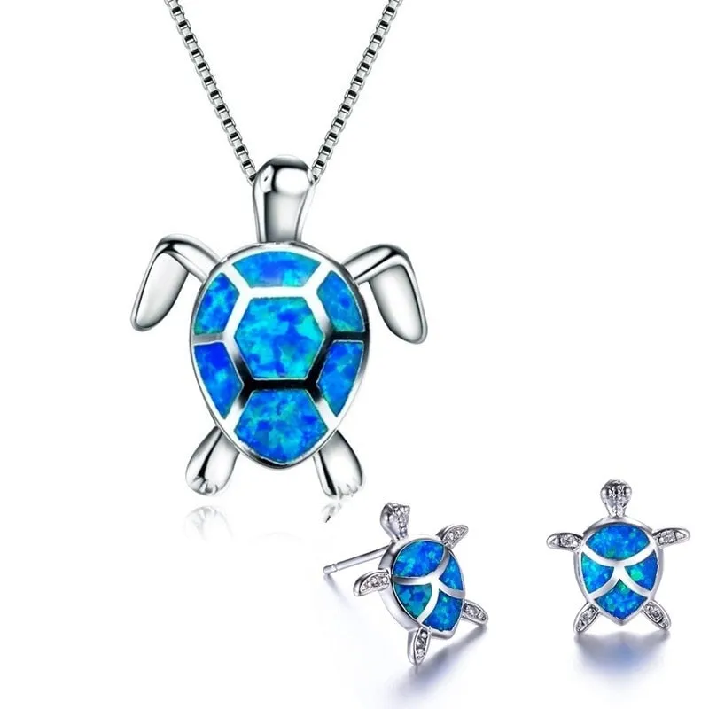 Classic Cute Sea Turtle Fire Opal Necklace & Stud Earrings Jewelry Set