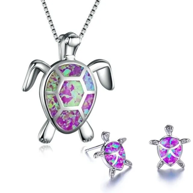 Classic Cute Sea Turtle Fire Opal Necklace & Stud Earrings Jewelry Set