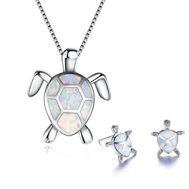 Classic Cute Sea Turtle Fire Opal Necklace & Stud Earrings Jewelry Set