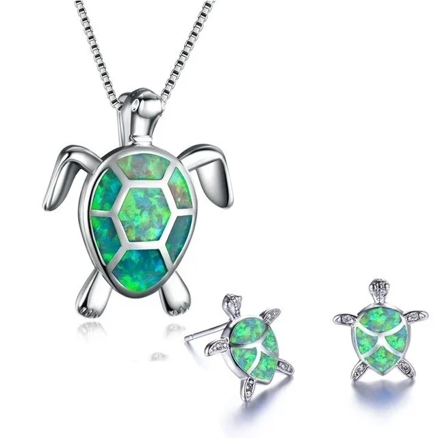 Classic Cute Sea Turtle Fire Opal Necklace & Stud Earrings Jewelry Set