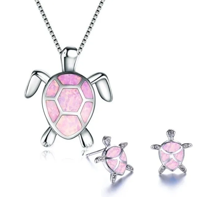 Classic Cute Sea Turtle Fire Opal Necklace & Stud Earrings Jewelry Set