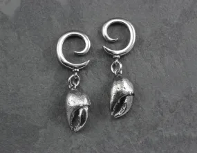 Crab Claw Gauged Spiral Earrings - Silver