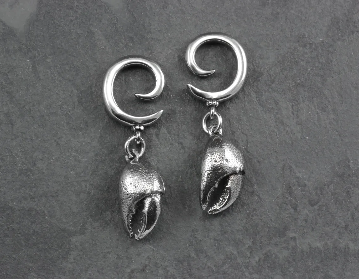 Crab Claw Gauged Spiral Earrings - Silver