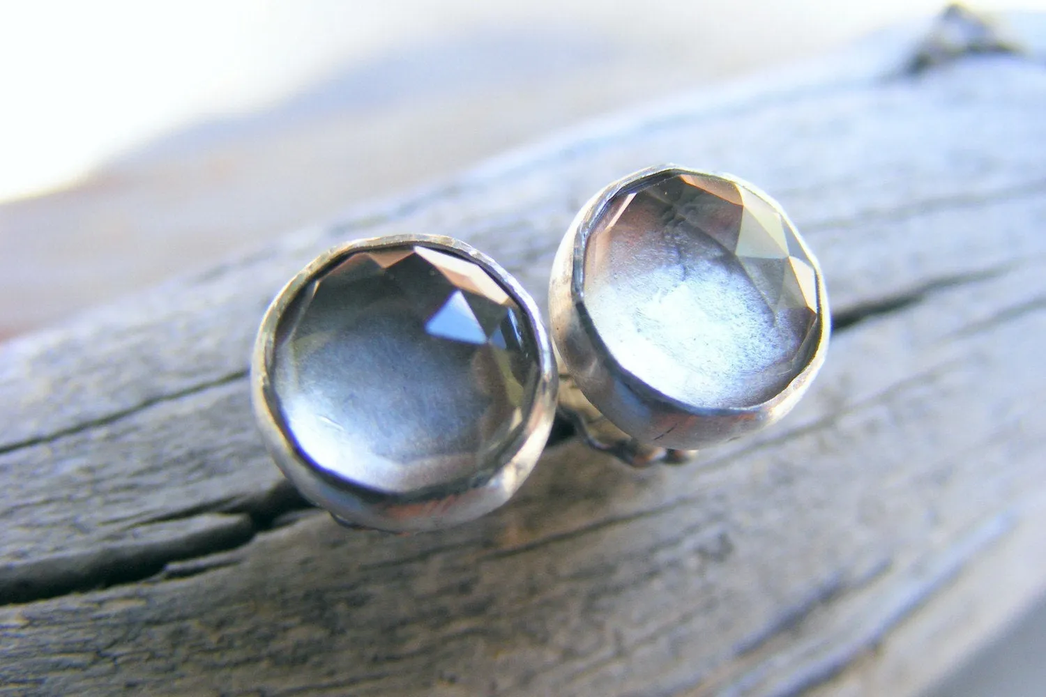 Crystal Quartz Sterling Silver Studs, Rose Cut Faceted Gemstone Post Earrings, Dangle Optional, Medium Size, Smokey Diamond Like, Oxidized