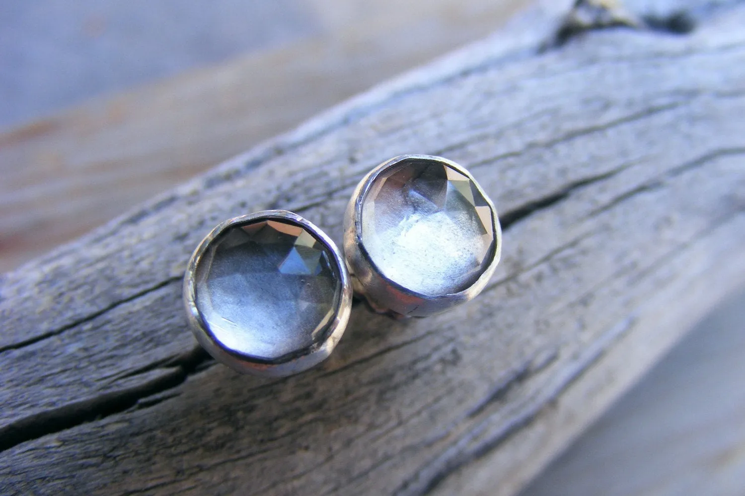 Crystal Quartz Sterling Silver Studs, Rose Cut Faceted Gemstone Post Earrings, Dangle Optional, Medium Size, Smokey Diamond Like, Oxidized