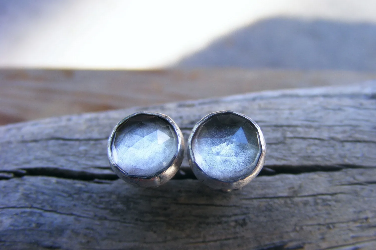 Crystal Quartz Sterling Silver Studs, Rose Cut Faceted Gemstone Post Earrings, Dangle Optional, Medium Size, Smokey Diamond Like, Oxidized