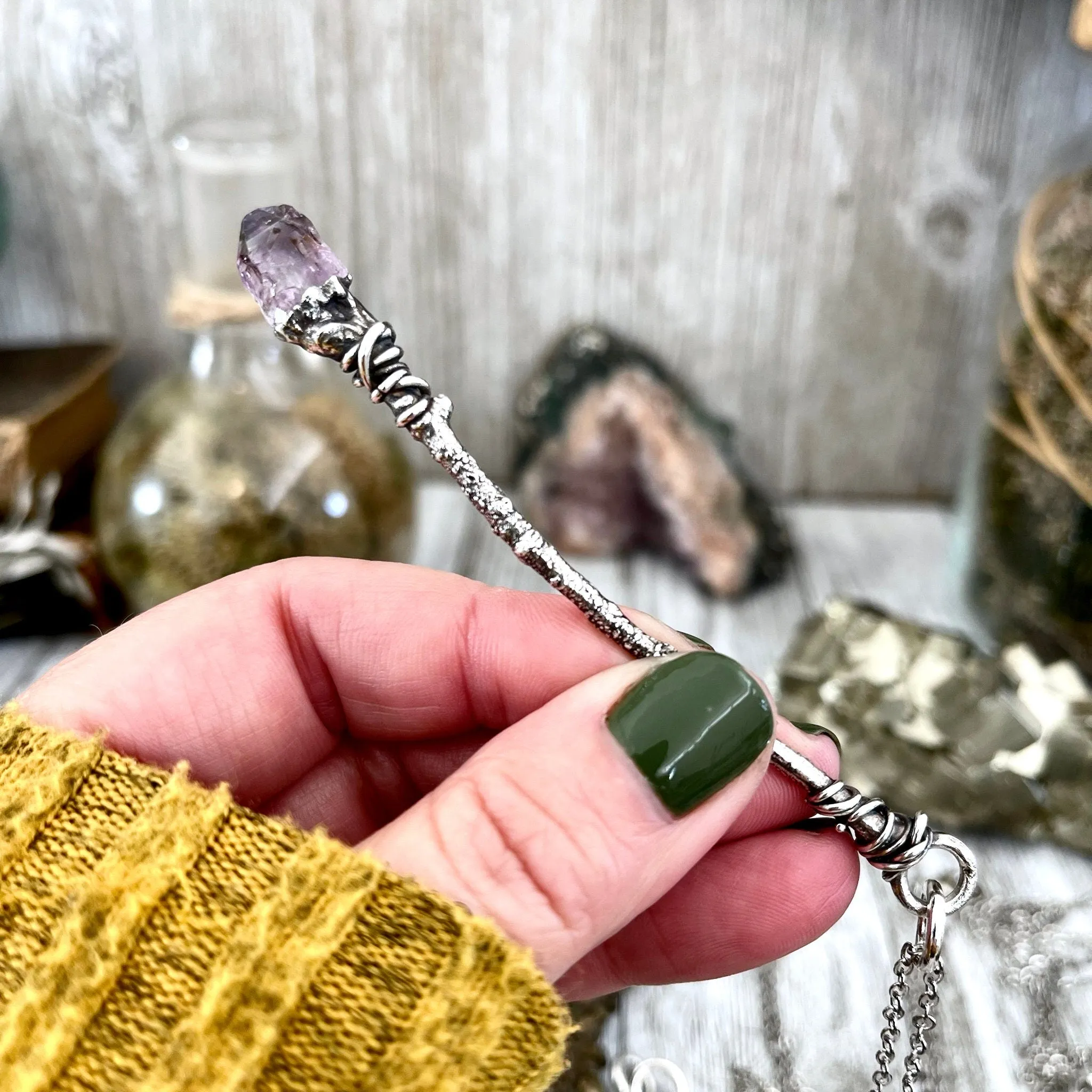 Crystal Wand Necklace Fine Silver Raw Amethyst  Necklace / Wizard Witches Wand Necklace Pendant