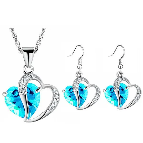 Cubic Zirconia Heart and Rhinestones Necklace & Earrings Fashion Jewelry Set