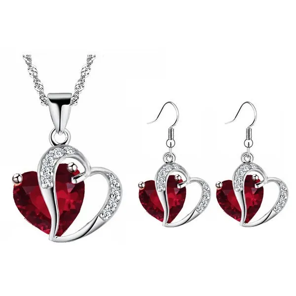 Cubic Zirconia Heart and Rhinestones Necklace & Earrings Fashion Jewelry Set