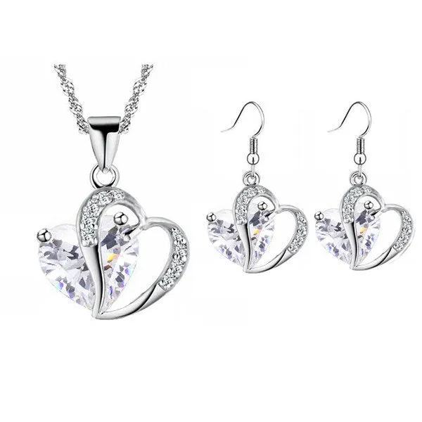 Cubic Zirconia Heart and Rhinestones Necklace & Earrings Fashion Jewelry Set