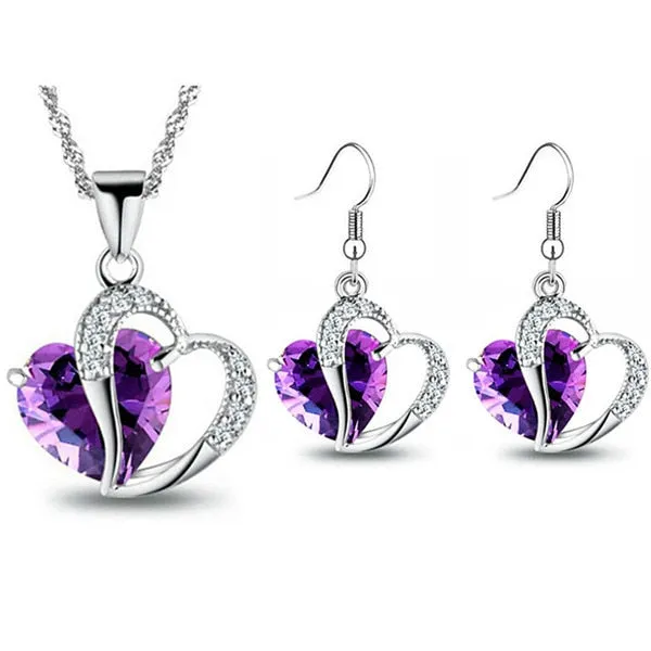 Cubic Zirconia Heart and Rhinestones Necklace & Earrings Fashion Jewelry Set