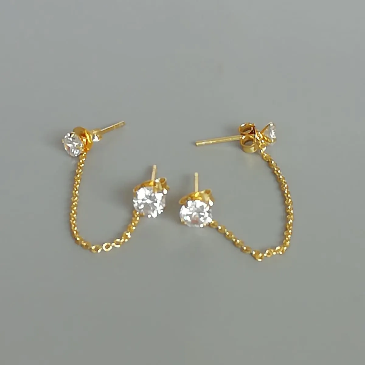 CZ gold ear studs with chain | 925 silver | Gold stud climber | Bohemian jewelry | Multipurpose studs | E863