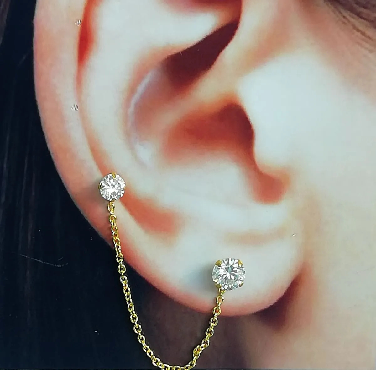 CZ gold ear studs with chain | 925 silver | Gold stud climber | Bohemian jewelry | Multipurpose studs | E863