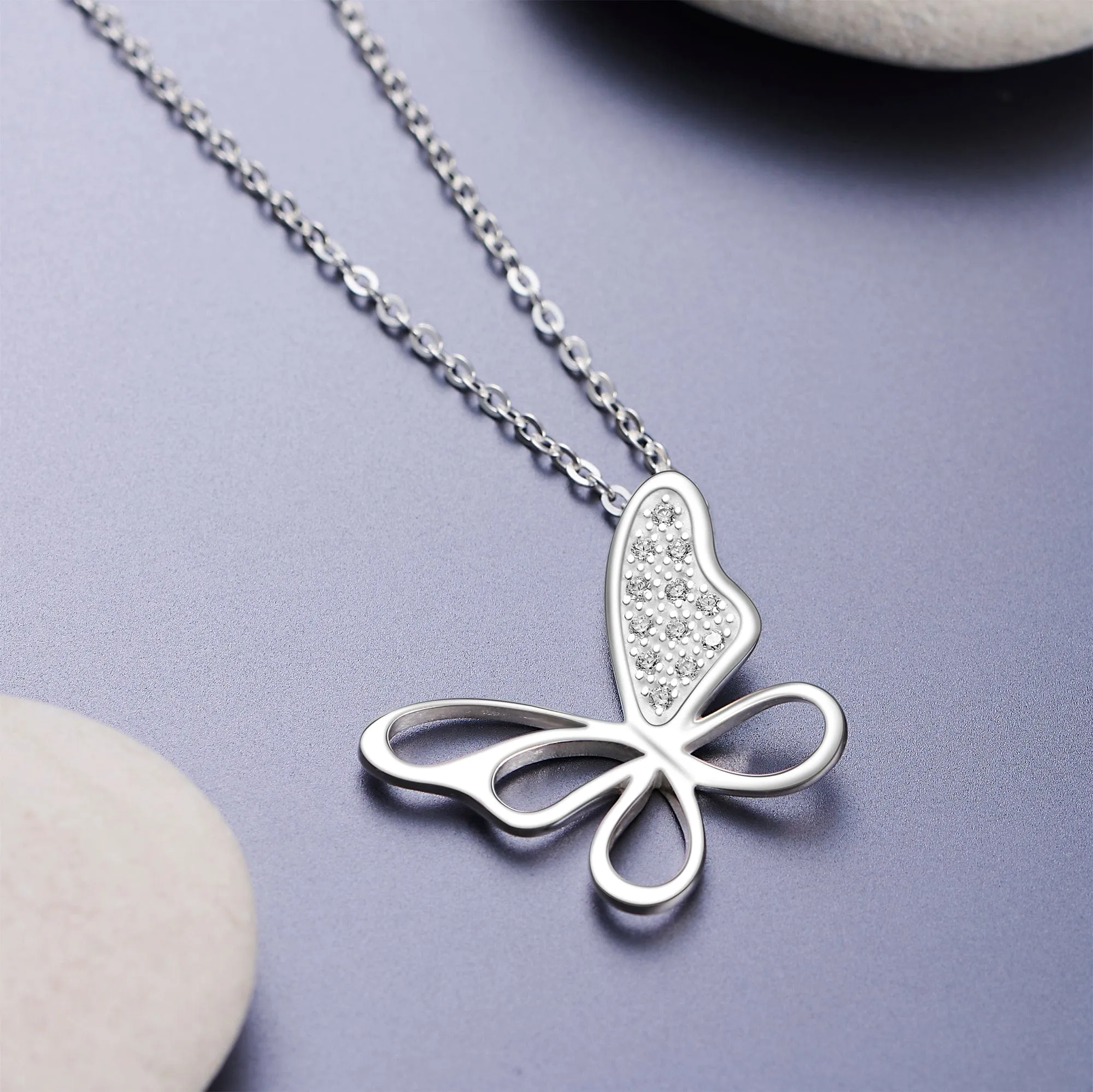 CZ Open Wings Butterfly Silver Necklace