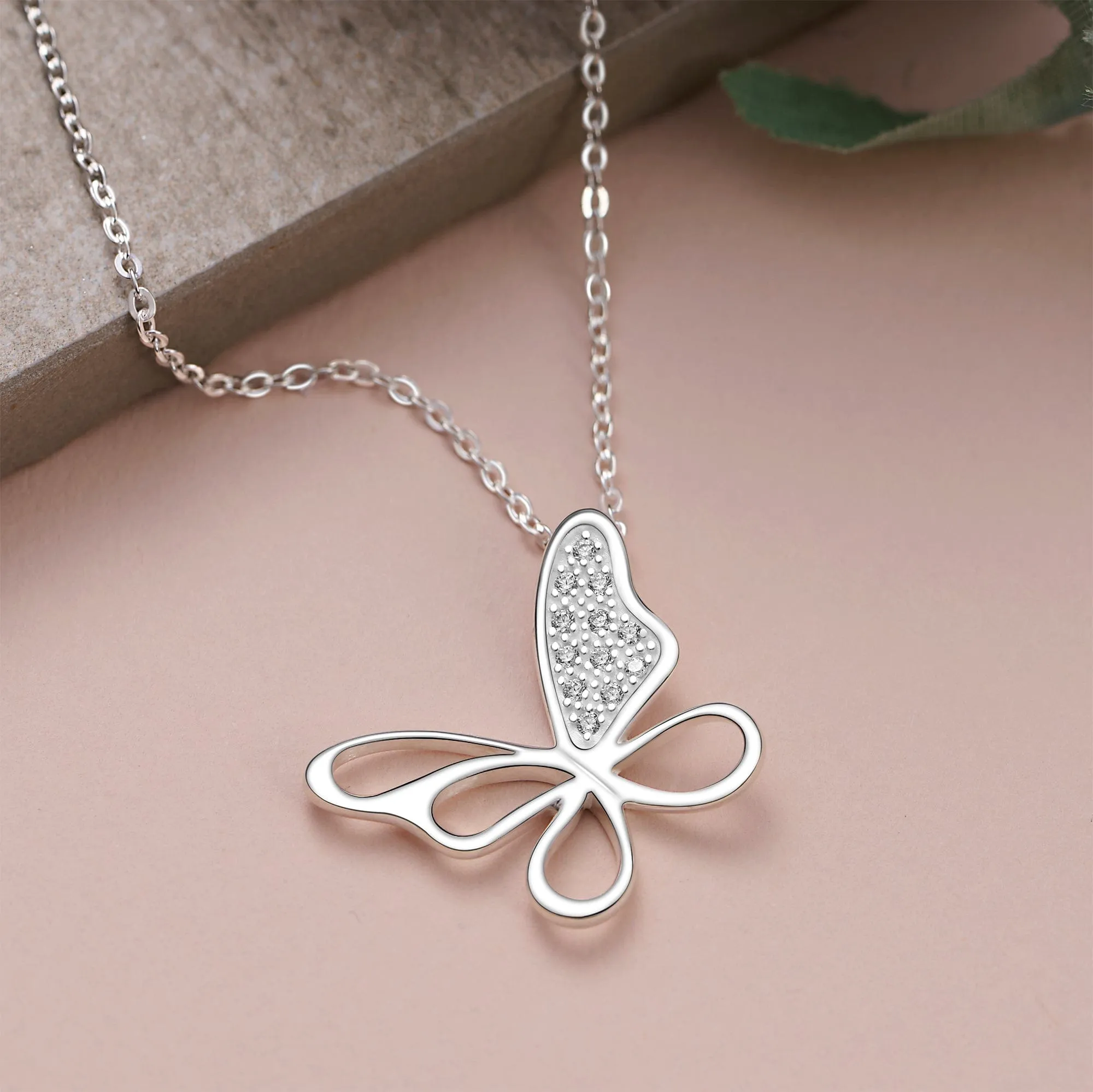 CZ Open Wings Butterfly Silver Necklace