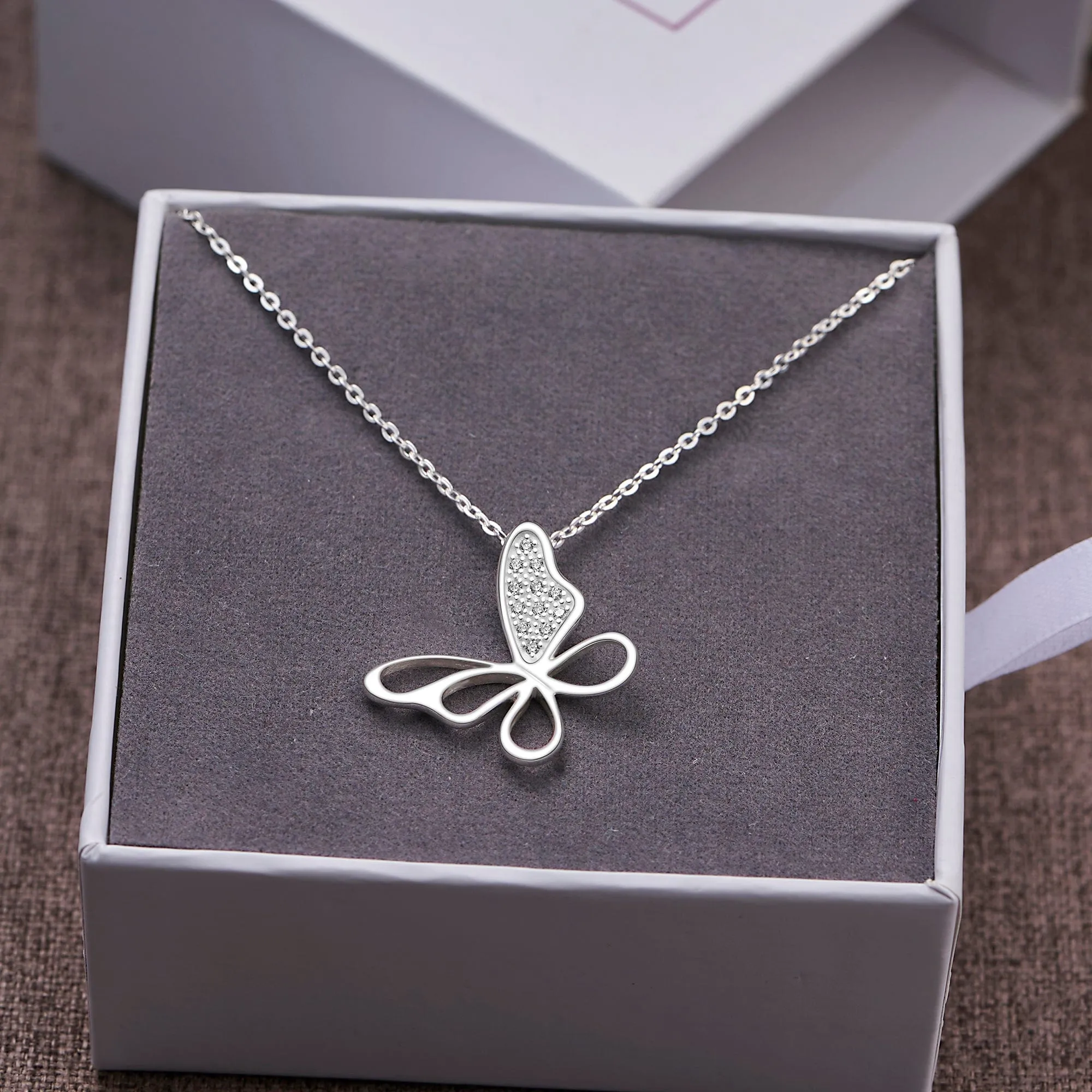 CZ Open Wings Butterfly Silver Necklace