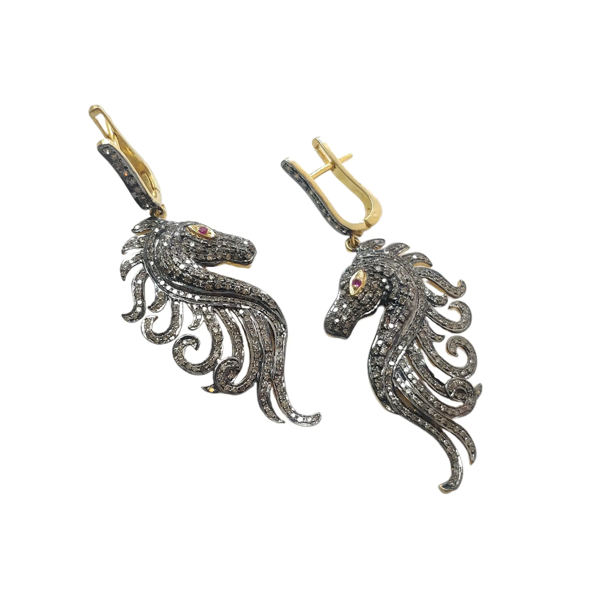 DIAMOND & RUBY Gemstone Earring : 12.18gms Natural Drop Dangle 925 Sterling Silver and Gold Latch Back Lock Pave Set Horse Face Earring 2.4"