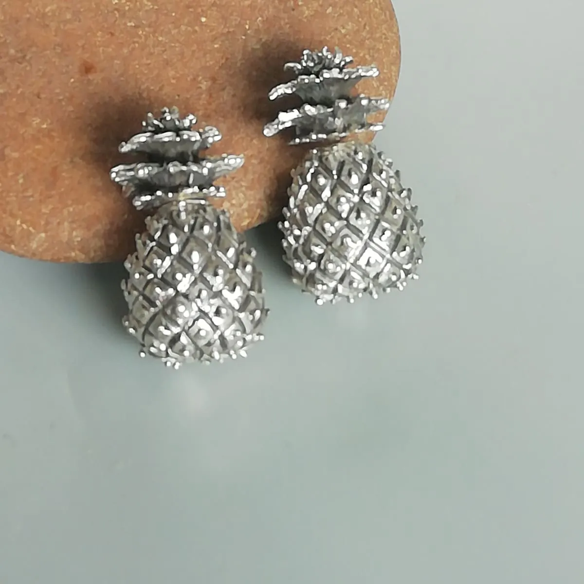 Double sided sterling silver pineapple earrings | Chunky pineapple ear studs | Double studs | Ethnic jewelry | E1113