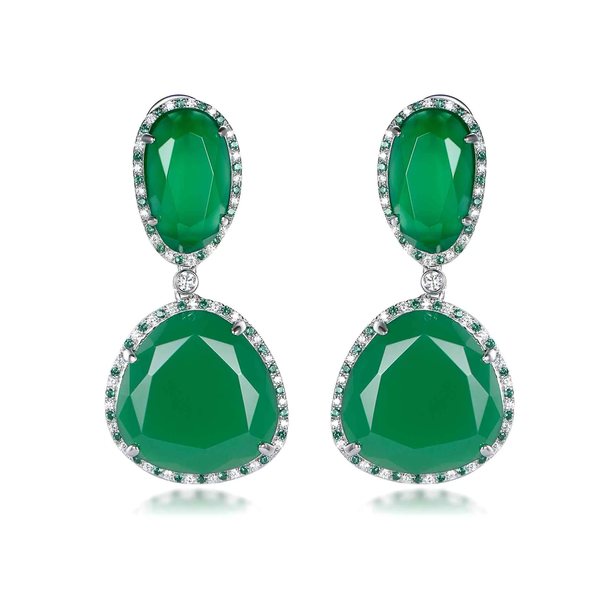 Elegant Silver Simulated Crystal Emerald Green Jade Drop Dangle Earrings