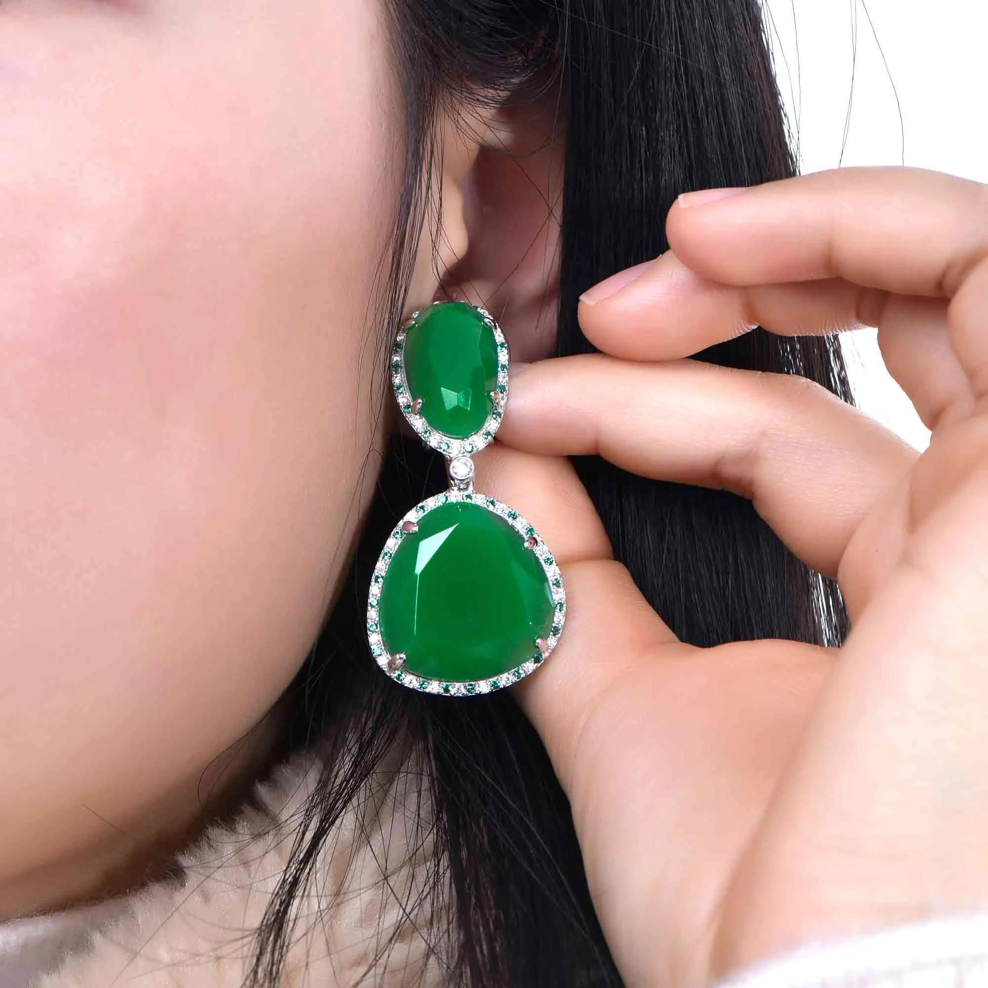 Elegant Silver Simulated Crystal Emerald Green Jade Drop Dangle Earrings