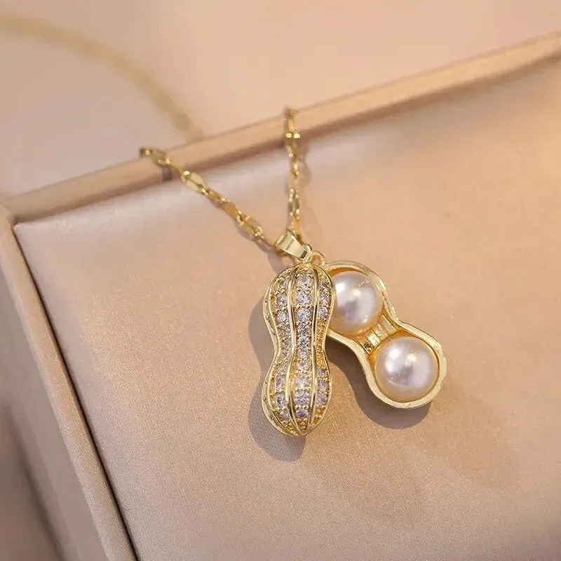 Elegant Women's Necklace Peanut Pendant Micro-inlaid Zirconia Pearls Niche Design High-end Clavicle Chain X449726