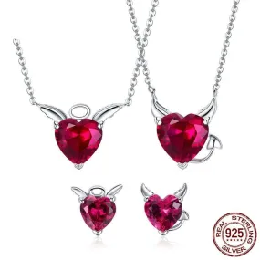 Evil And Angel Twin Necklace and Earrings CZ Garnet Jewelry Set - 925 Sterling Silver