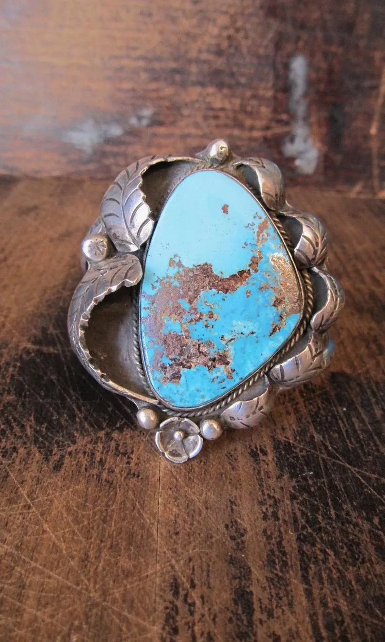 FALLING LEAVES 1970s Boho Silver & Turquoise Cuff